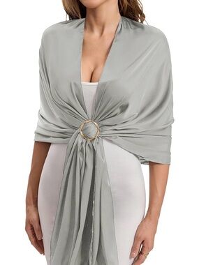 Satin Light Gray Shawl Wrap with Gold Ring Accent